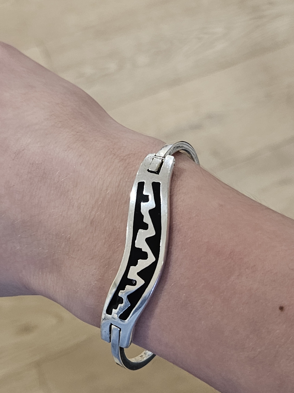 Signed T. Billy Navajo Sterling Silver Overlay Geometric Wave Cuff Bracelet